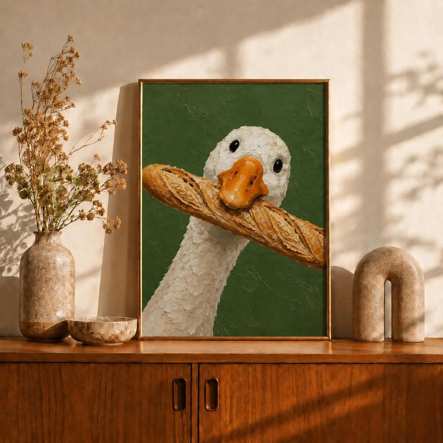 Funny Goose Baguette Canvas Wall Art, French Goose Oil Painting