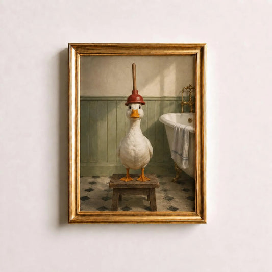White Duck with Plunger Canvas Wall Art, Funny Bathroom Decor