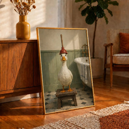 White Duck with Plunger Canvas Wall Art, Funny Bathroom Decor