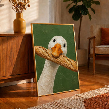 Funny Goose Baguette Canvas Wall Art, French Goose Oil Painting
