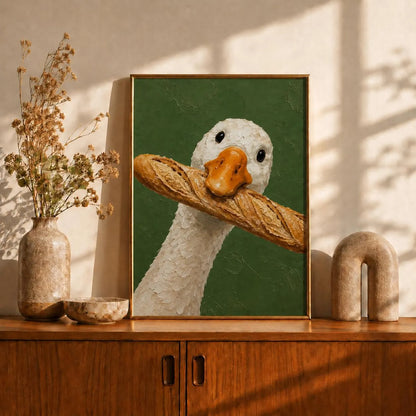 Funny Goose Baguette Canvas Wall Art, French Goose Oil Painting