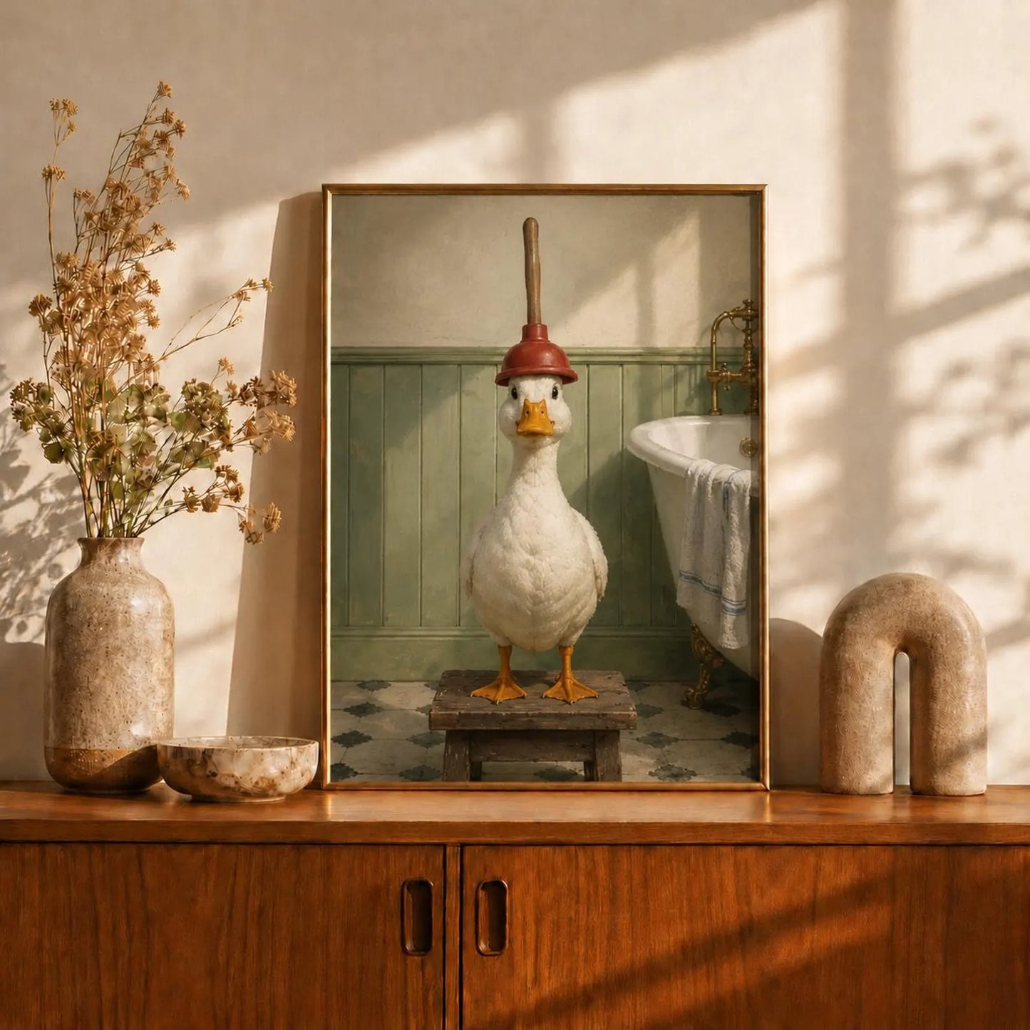 White Duck with Plunger Canvas Wall Art, Funny Bathroom Decor